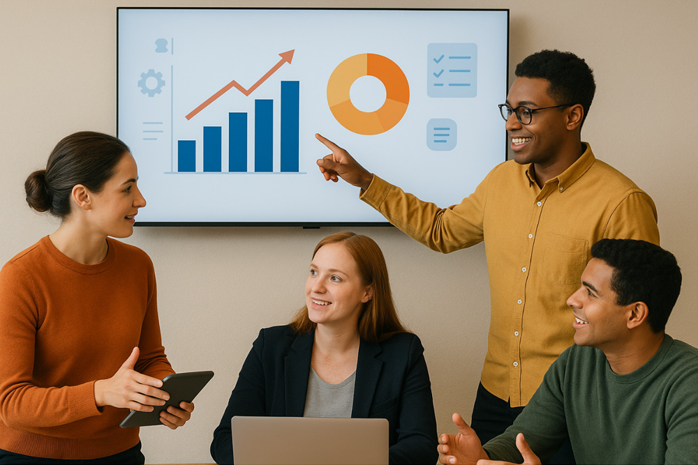 Afterschool program staff reviewing charts and data together in a bright classroom, illustrating teamwork and a strong data culture. EZReports blog image.